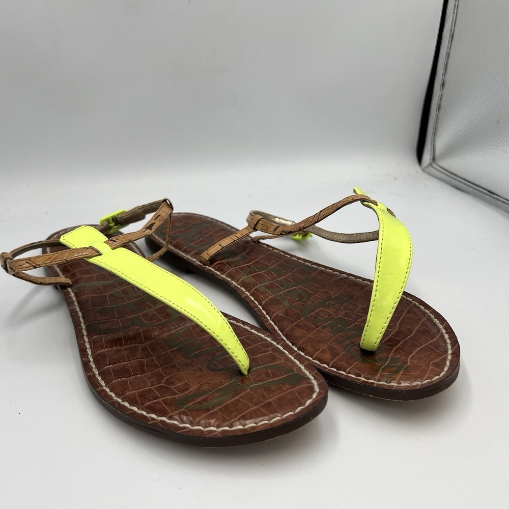 Sam Edelman Gigi Thong Sandals Brown Neon Green Leather Strappy Women's Size 8M